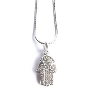 'Diamante Hamsa Hand / Hand of Fatima' Silver Plated Necklace