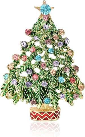Dreuyet Christmas Tree Brooches Pins Christmas Pins for Women Vintage Colorful Rhinestone Christmas Tree Lapel Pins Elegant Crystal Winter Holiday Xmas Pins Brooches Christmas Gifts