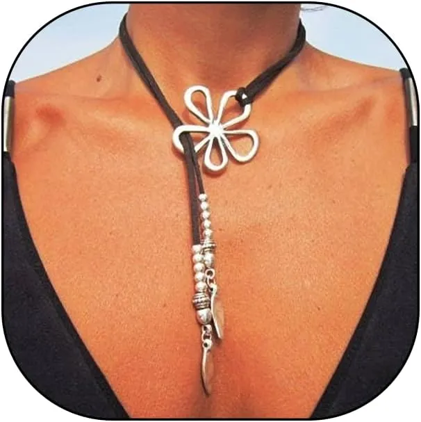 GIGB PBDK Exaggerated Flower Pendant Y Necklace,Delicate Leather Rope Dainty Bead Silver Floral Lariat Necklace,Aesthetic Boho Vacation Accessories Jewelry