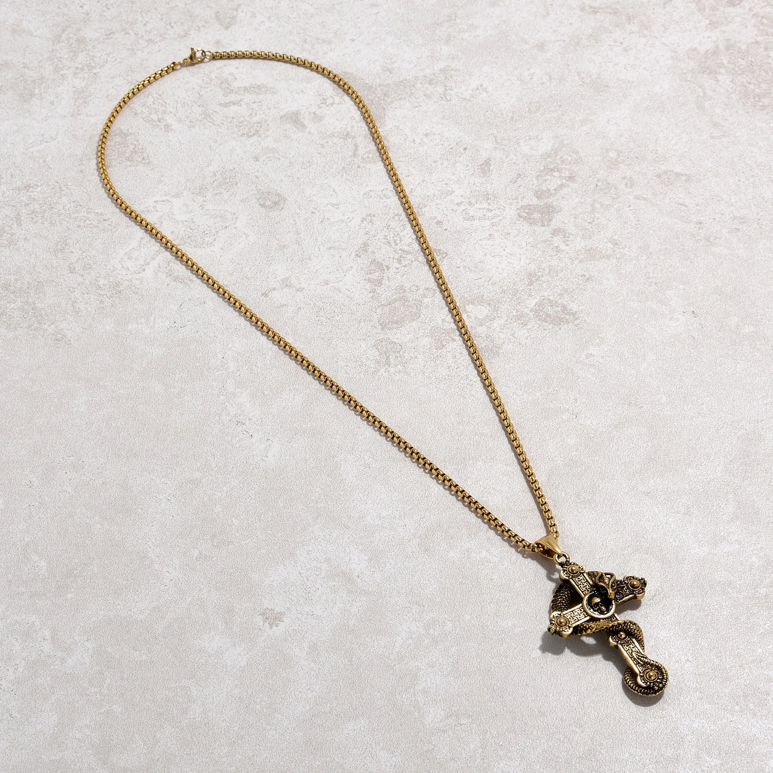 Gold Dragon Cross Steel Hearts Necklace