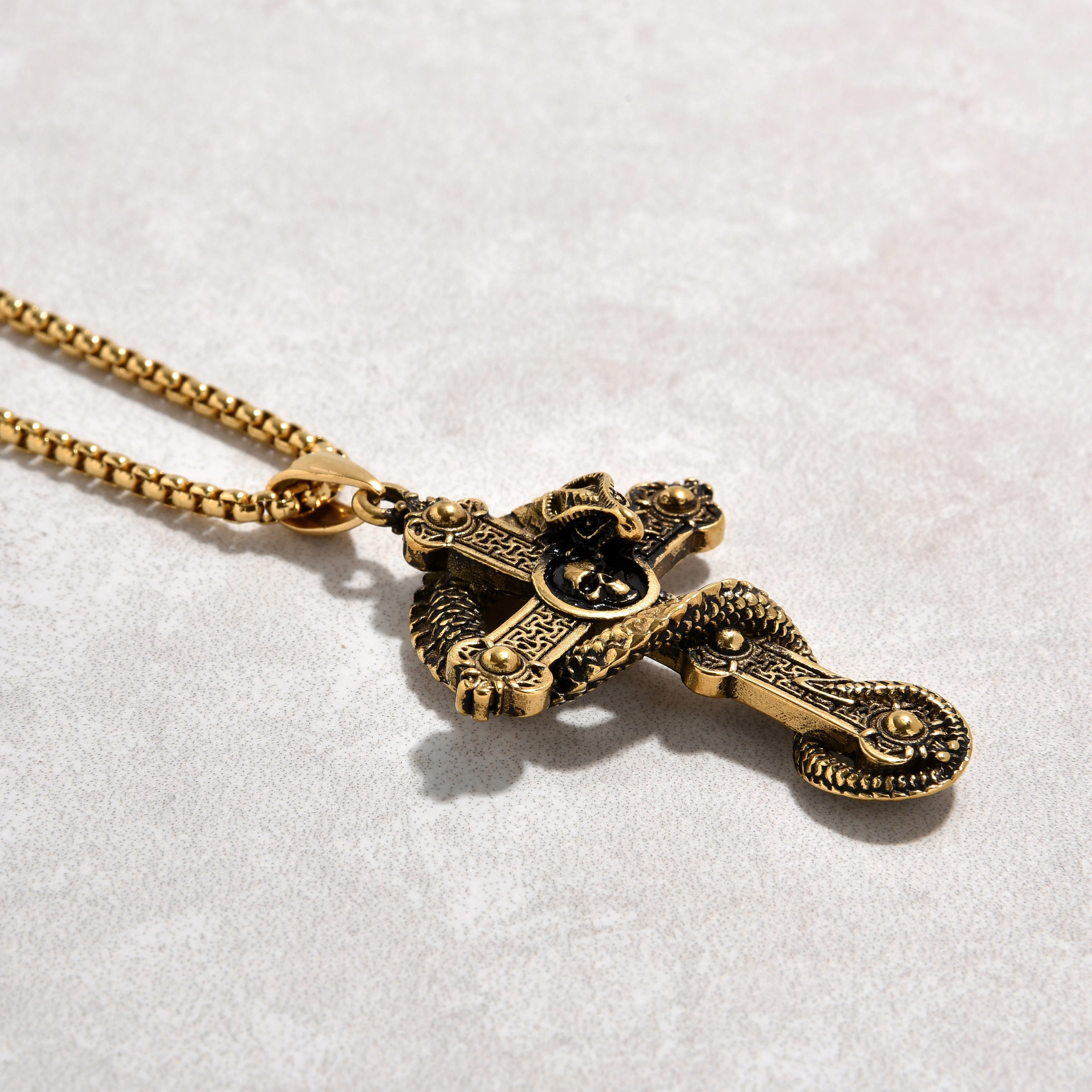 Gold Dragon Cross Steel Hearts Necklace