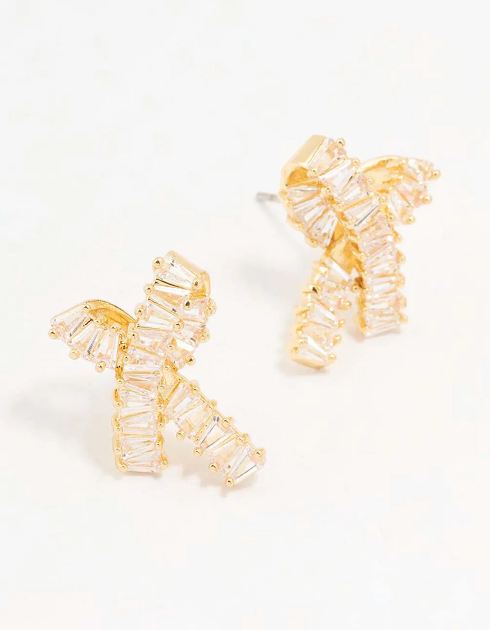 Gold Plated Baguette Ribbon Heart Stud Earrings