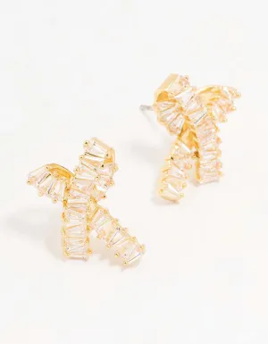 Gold Plated Baguette Ribbon Heart Stud Earrings