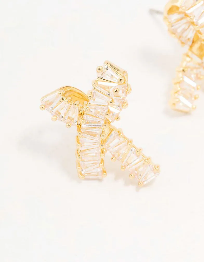 Gold Plated Baguette Ribbon Heart Stud Earrings
