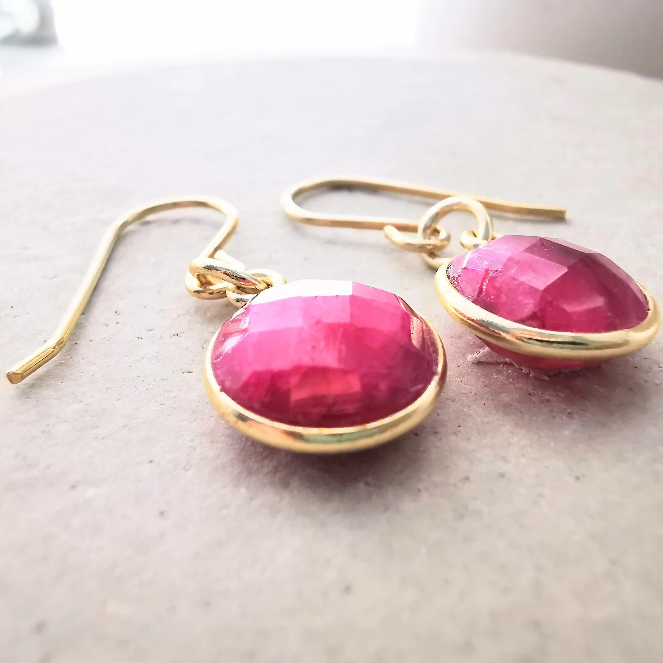 Gold Ruby Ear Wire Earrings
