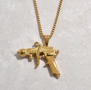 Gold Tattoo Gun Steel Hearts Necklace