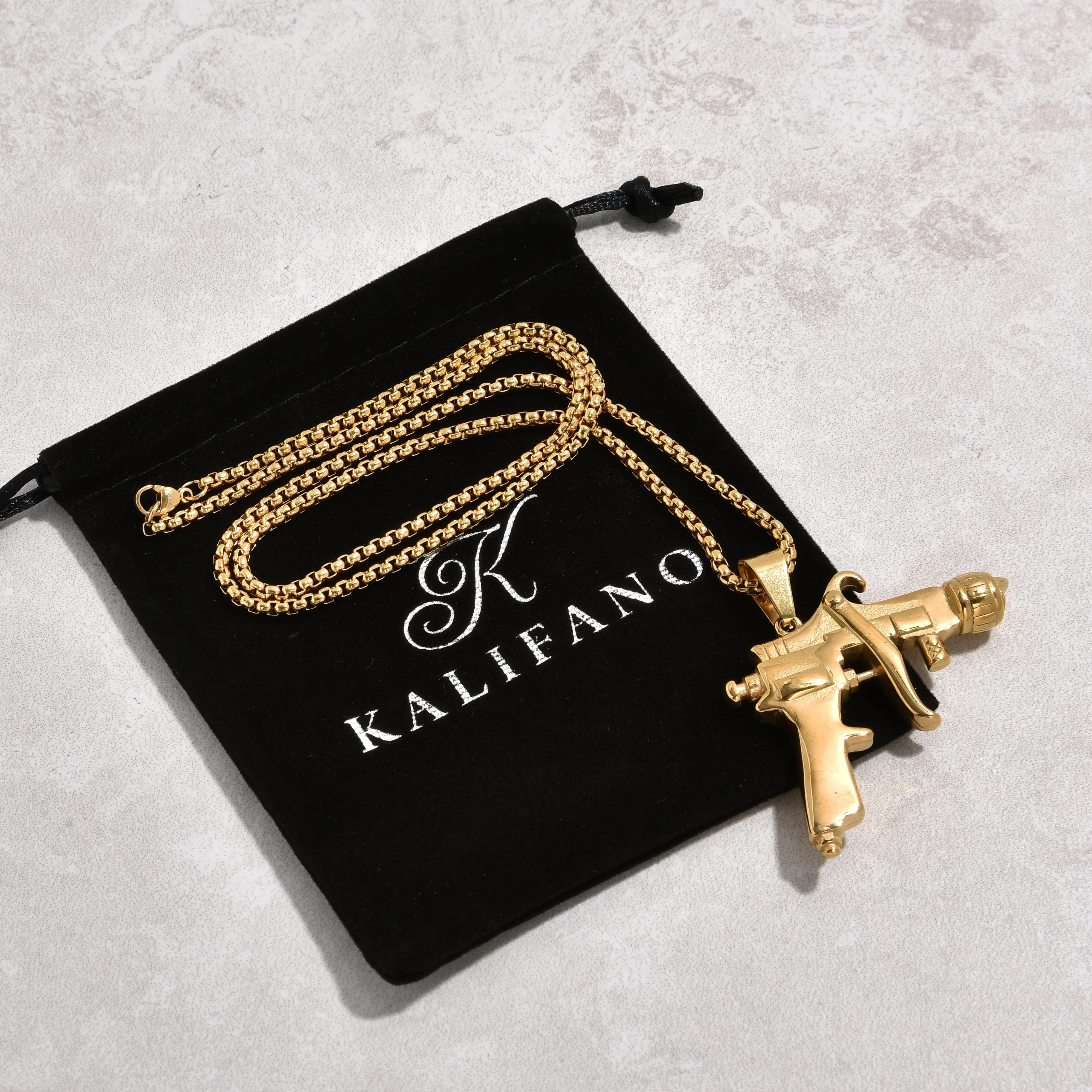 Gold Tattoo Gun Steel Hearts Necklace