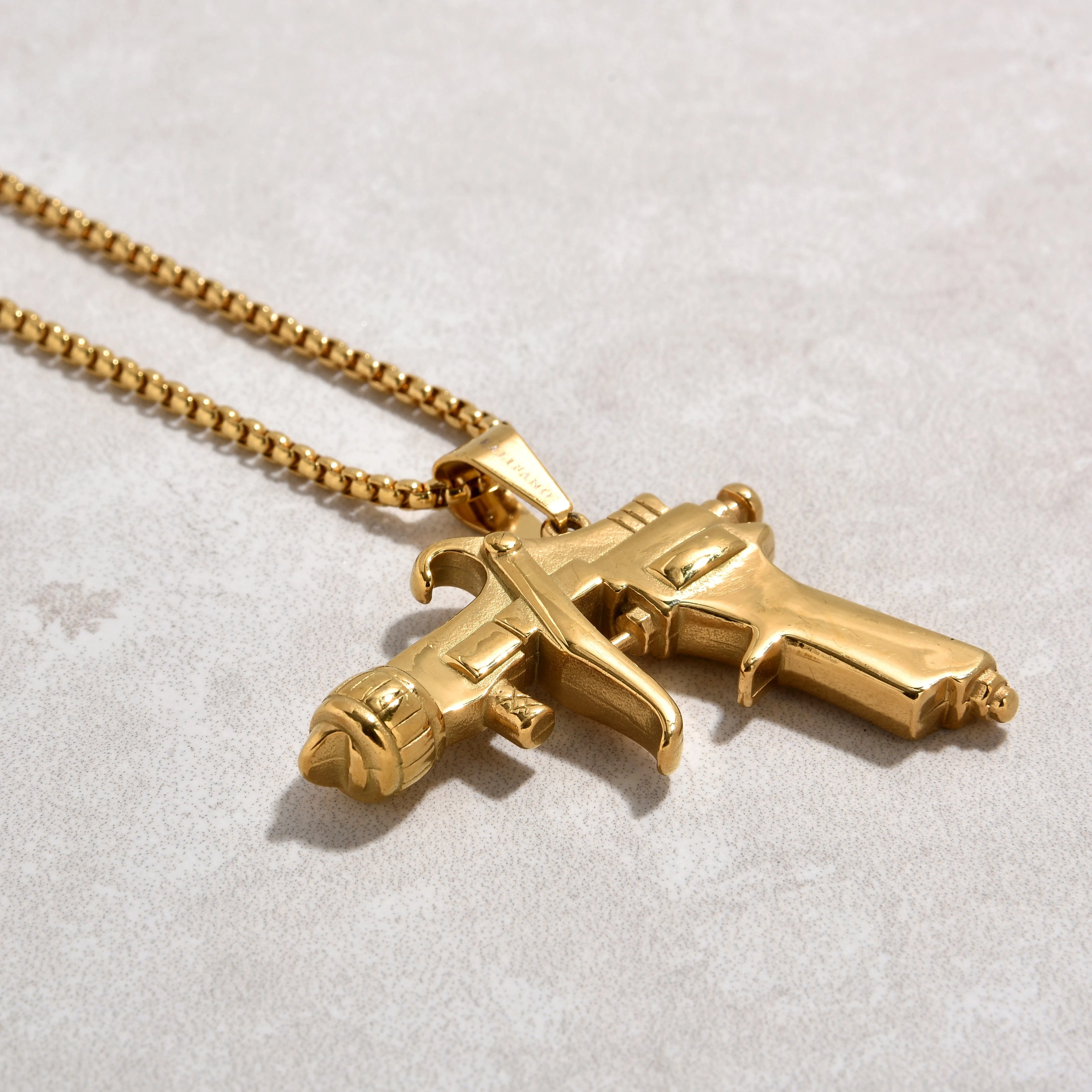 Gold Tattoo Gun Steel Hearts Necklace