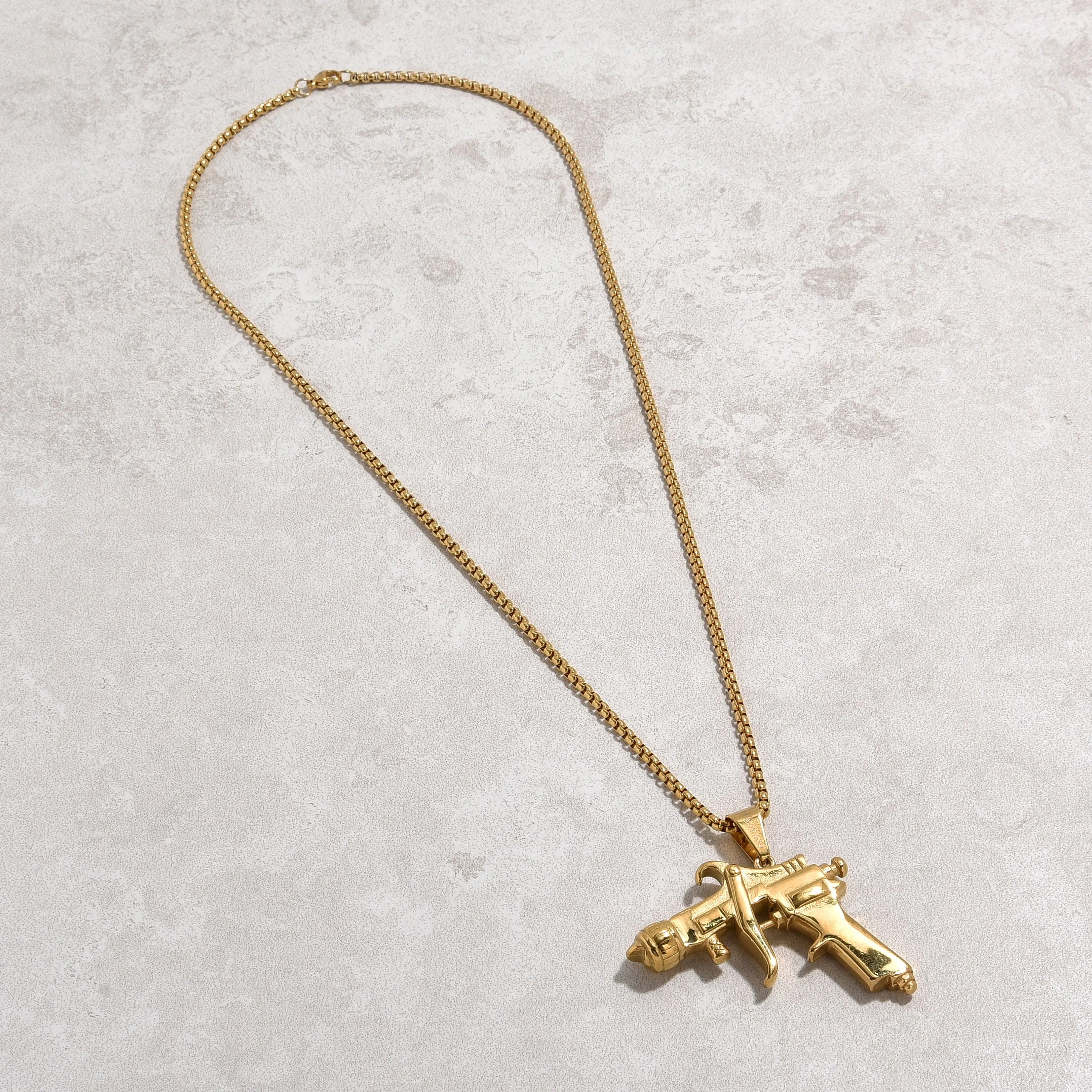 Gold Tattoo Gun Steel Hearts Necklace