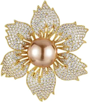 Gold/Silver Bauhinia Flower Crystal Brooches Pins Fashion Beautiful Created Rhinestone Pearl Floral Brooch Good Idea for Party Dance Wedding Banquet for Elegant Women Girl (Style 1)