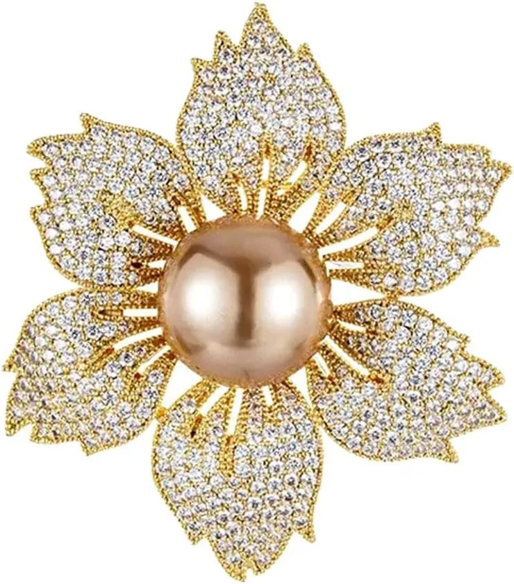 Gold/Silver Bauhinia Flower Crystal Brooches Pins Fashion Beautiful Created Rhinestone Pearl Floral Brooch Good Idea for Party Dance Wedding Banquet for Elegant Women Girl (Style 1)