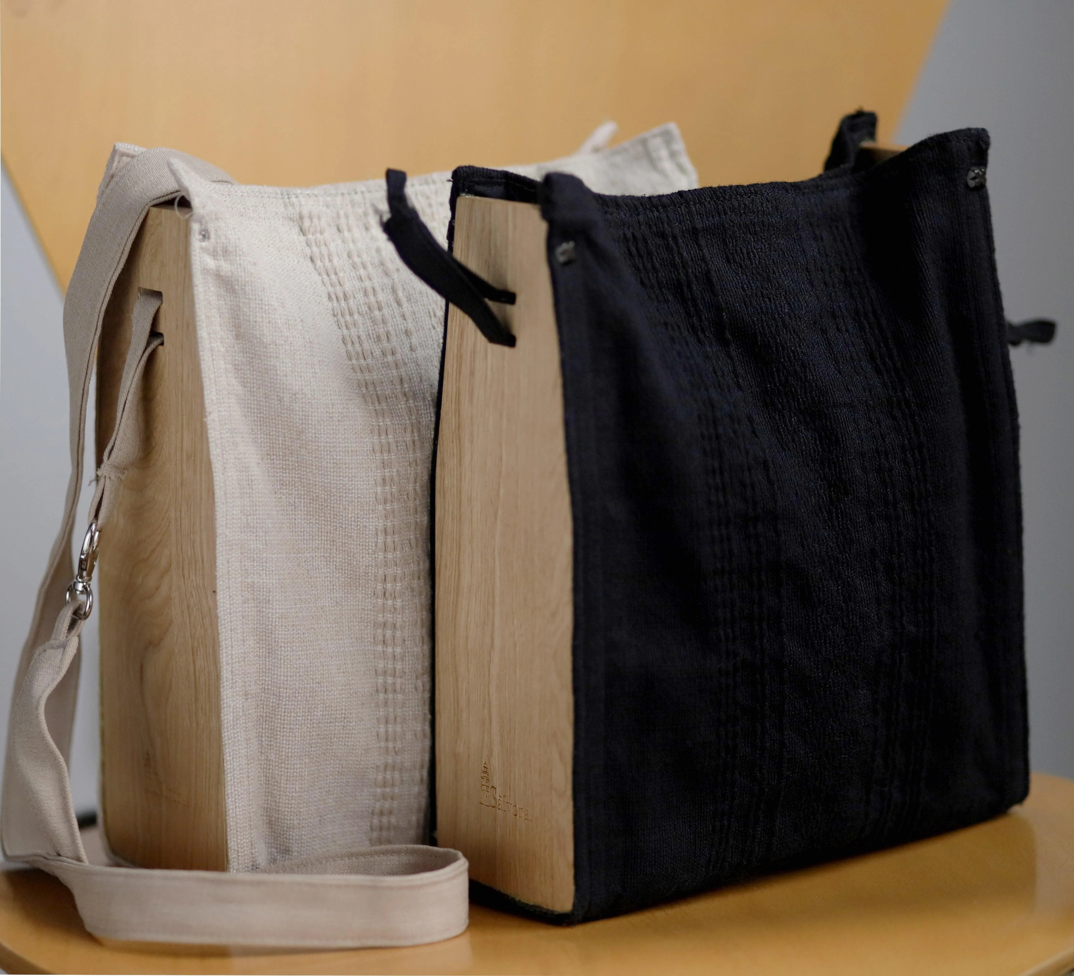 Handcrafted loom bags with vintage exotic wood. Handicraft tote bag from mexican master weaver and vintage recovered exotic wood