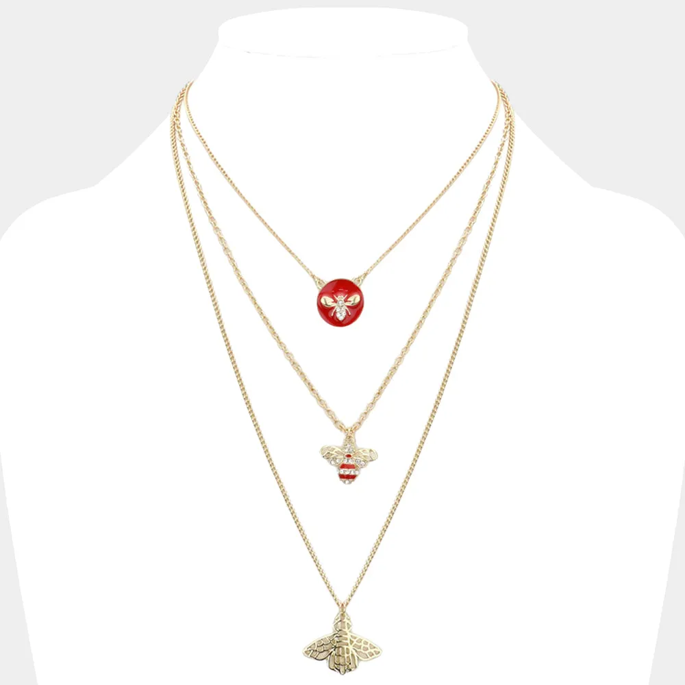 iLLASPARKZ Enamel Rhinestone Embellished Honey Bee Pendant Triple Layered Necklace