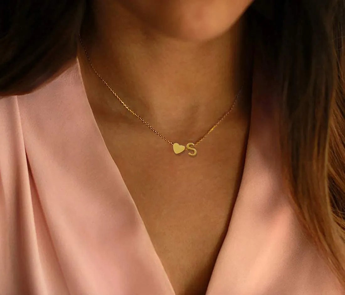 Initial Heart Necklace,18K Gold Plated Stainless Steel Tiny Heart Letter Necklace Personalized Monogram Name Necklace for Women Girls