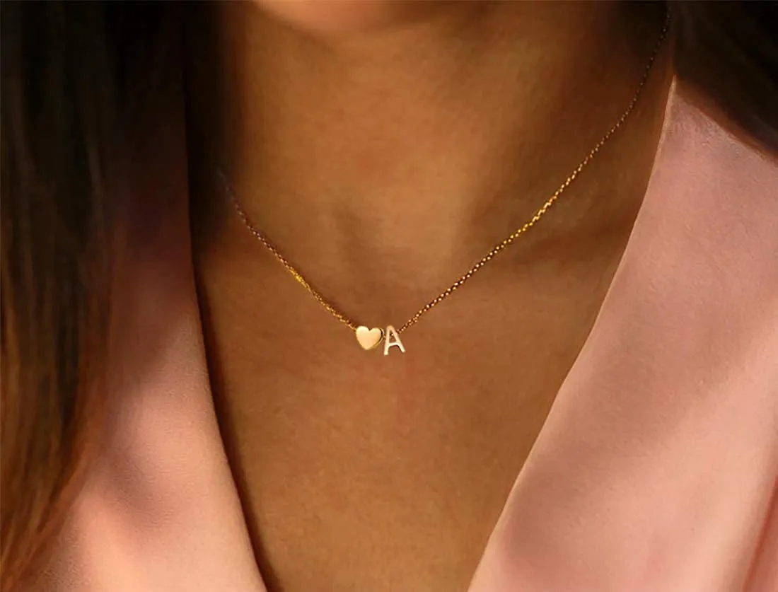 Initial Heart Necklace,18K Gold Plated Stainless Steel Tiny Heart Letter Necklace Personalized Monogram Name Necklace for Women Girls