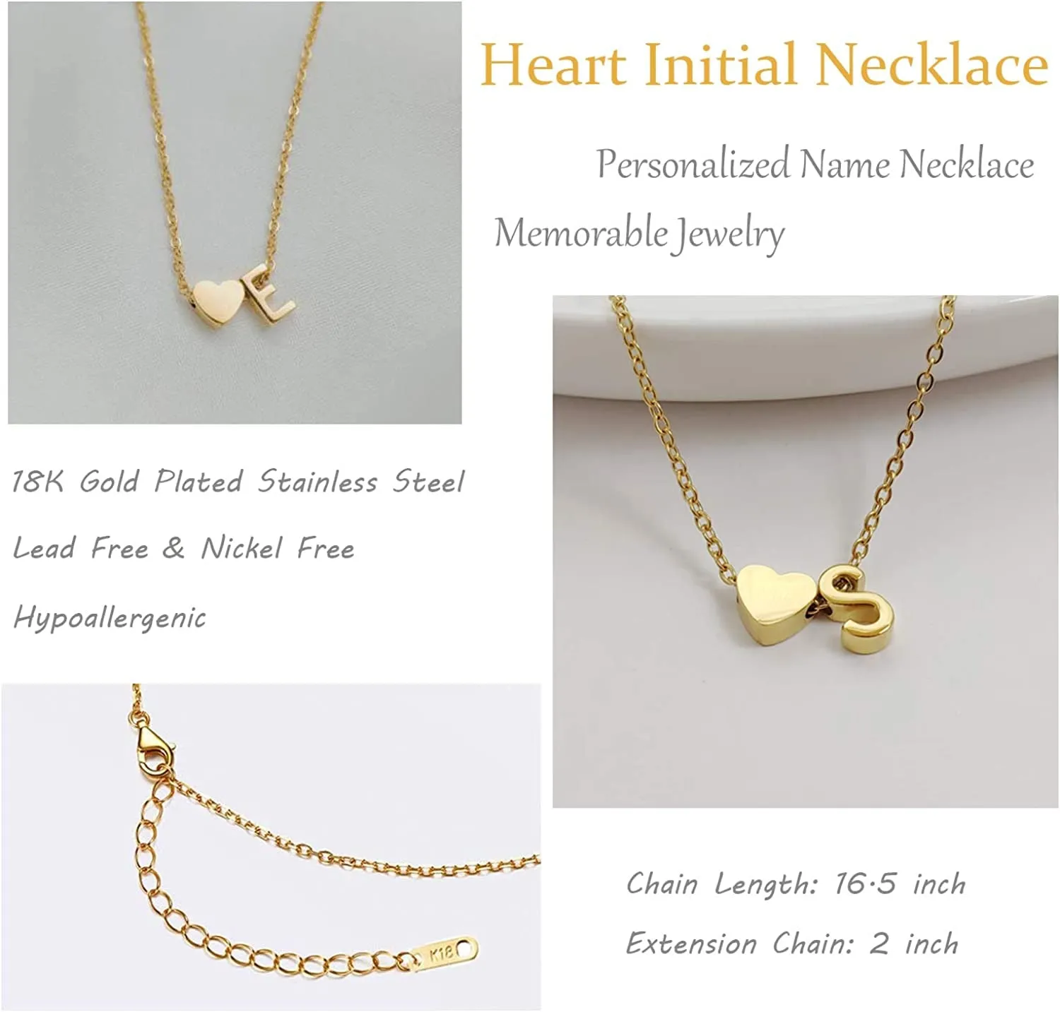 Initial Heart Necklace,18K Gold Plated Stainless Steel Tiny Heart Letter Necklace Personalized Monogram Name Necklace for Women Girls
