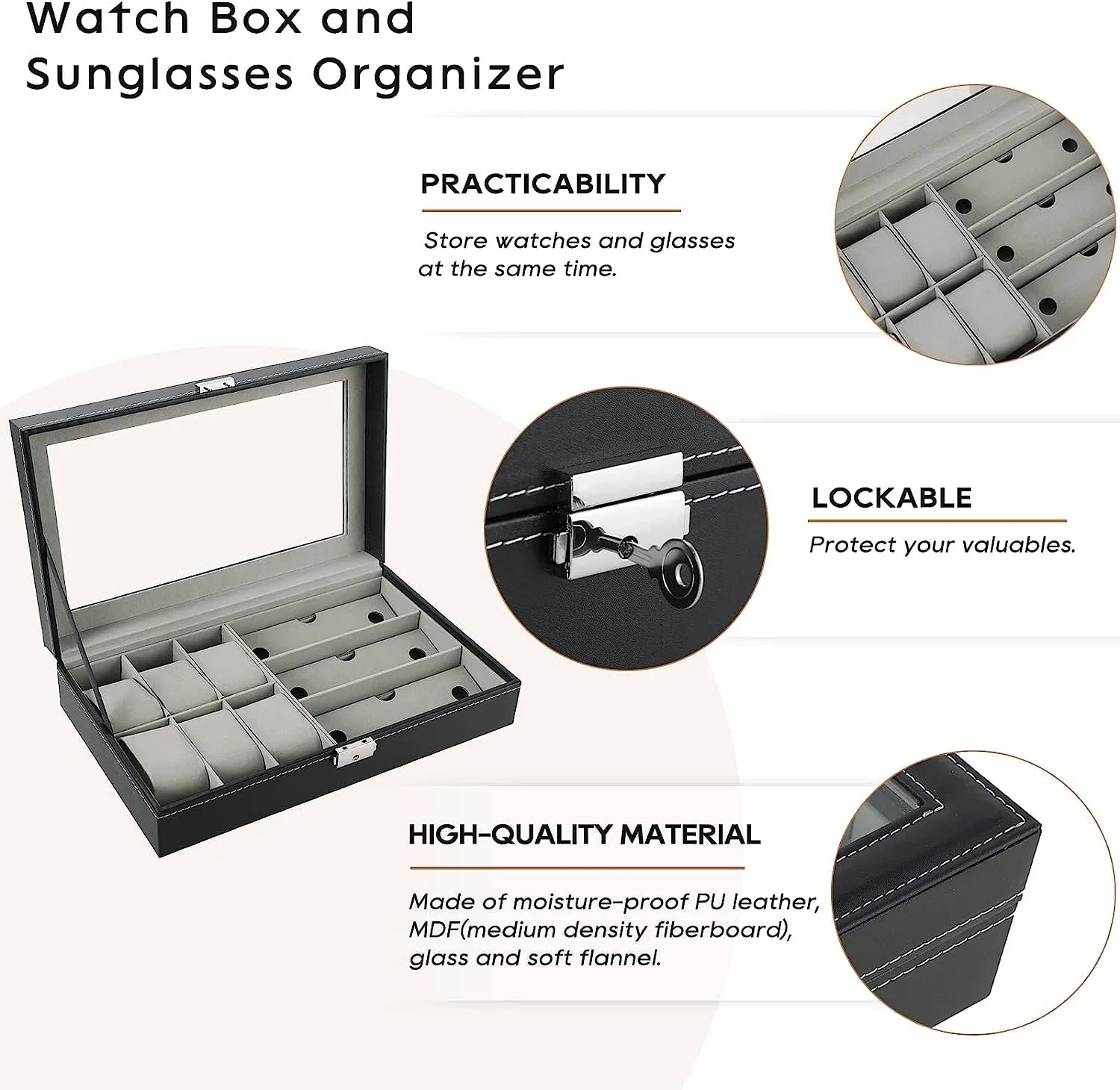 KriShyam®Watch Boxes Watch Box Glasses Storage Box Watch Storage Box PU Leather 3 Grids for Glasses 6 Grids for Watches Clear Lid Glass Top for Easy Viewing with Lock & Key, Black