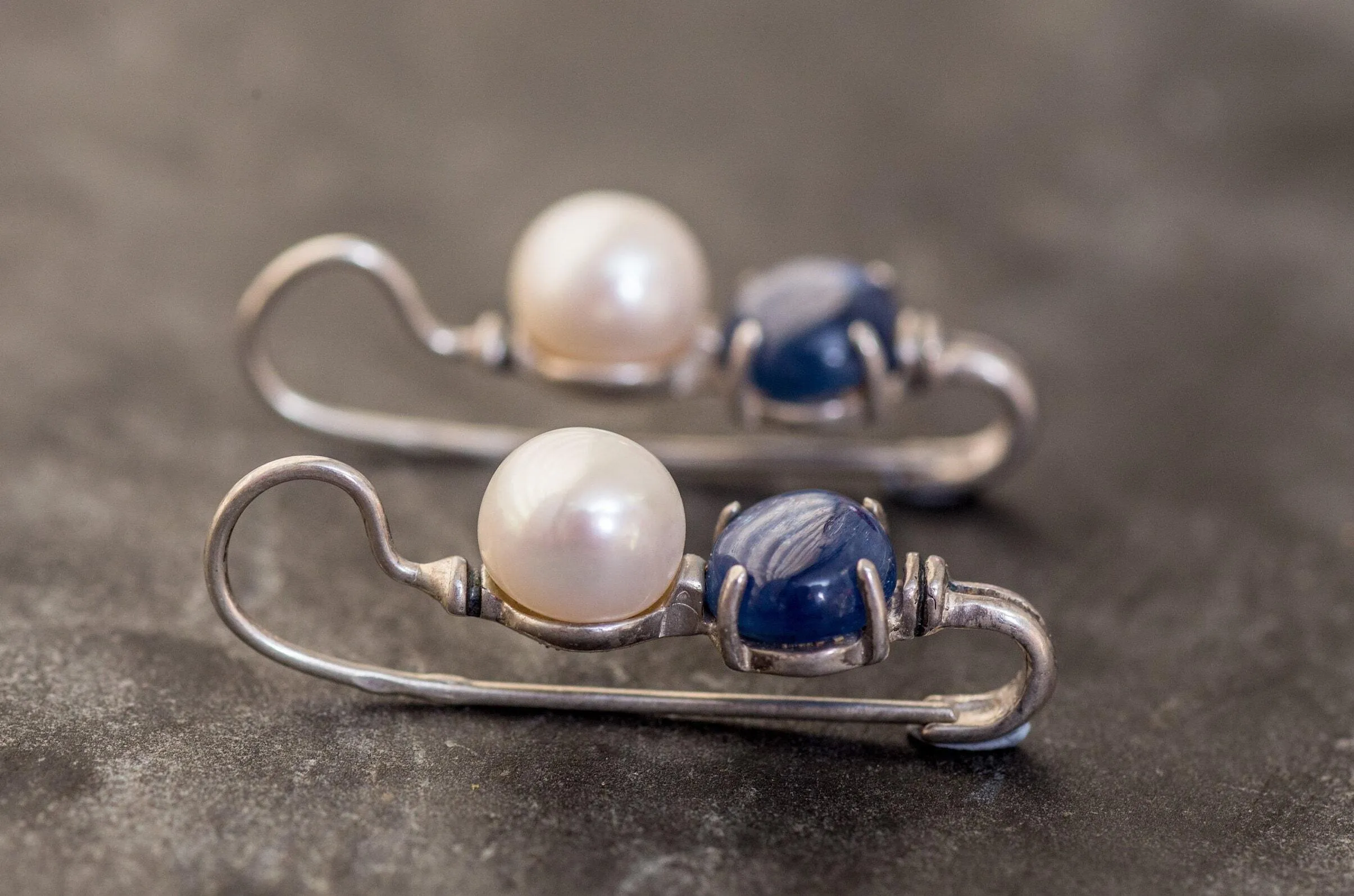 Long Pearl Earrings - Kyanite Earrings - Blue Vintage Earrings