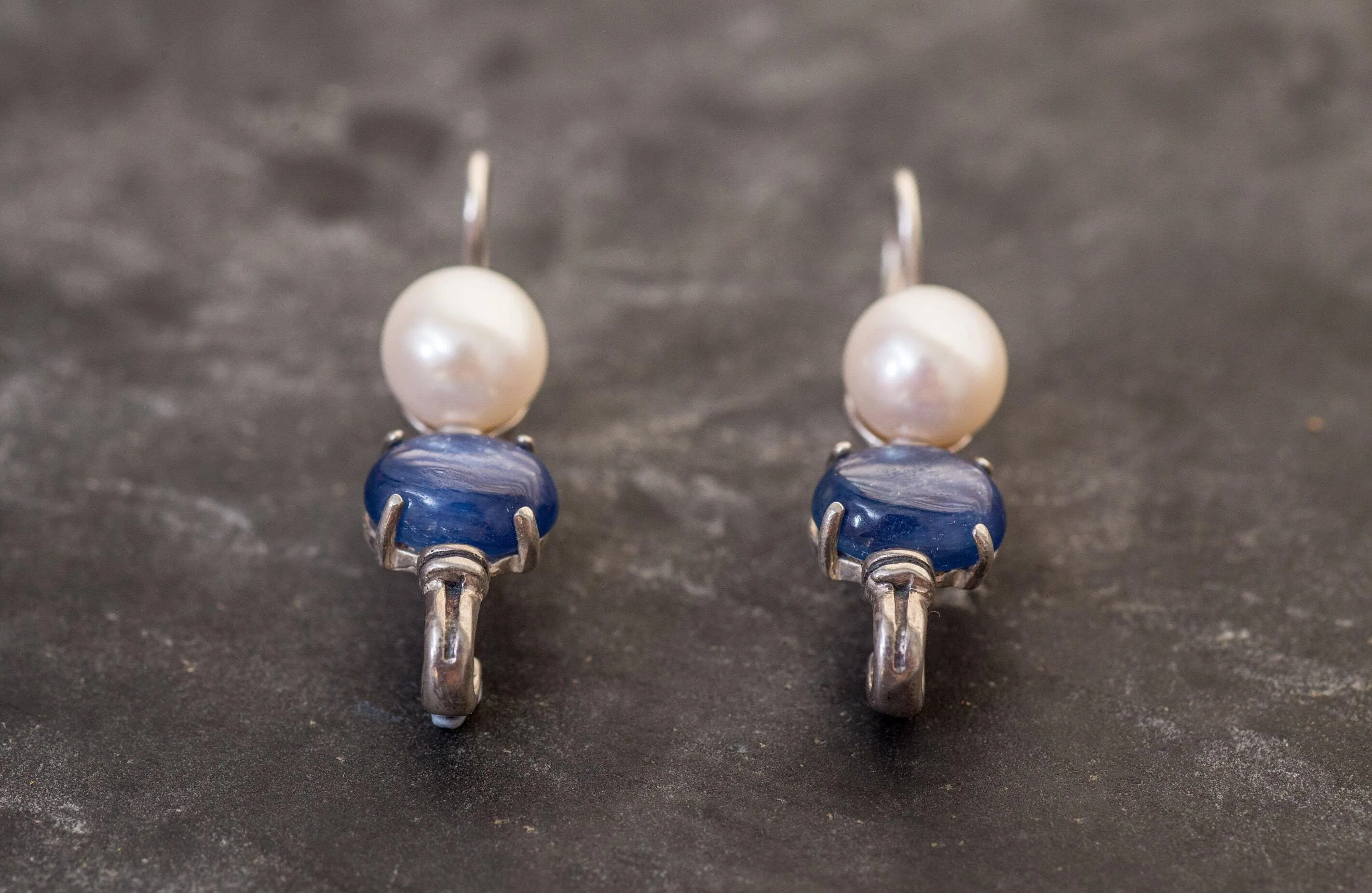 Long Pearl Earrings - Kyanite Earrings - Blue Vintage Earrings