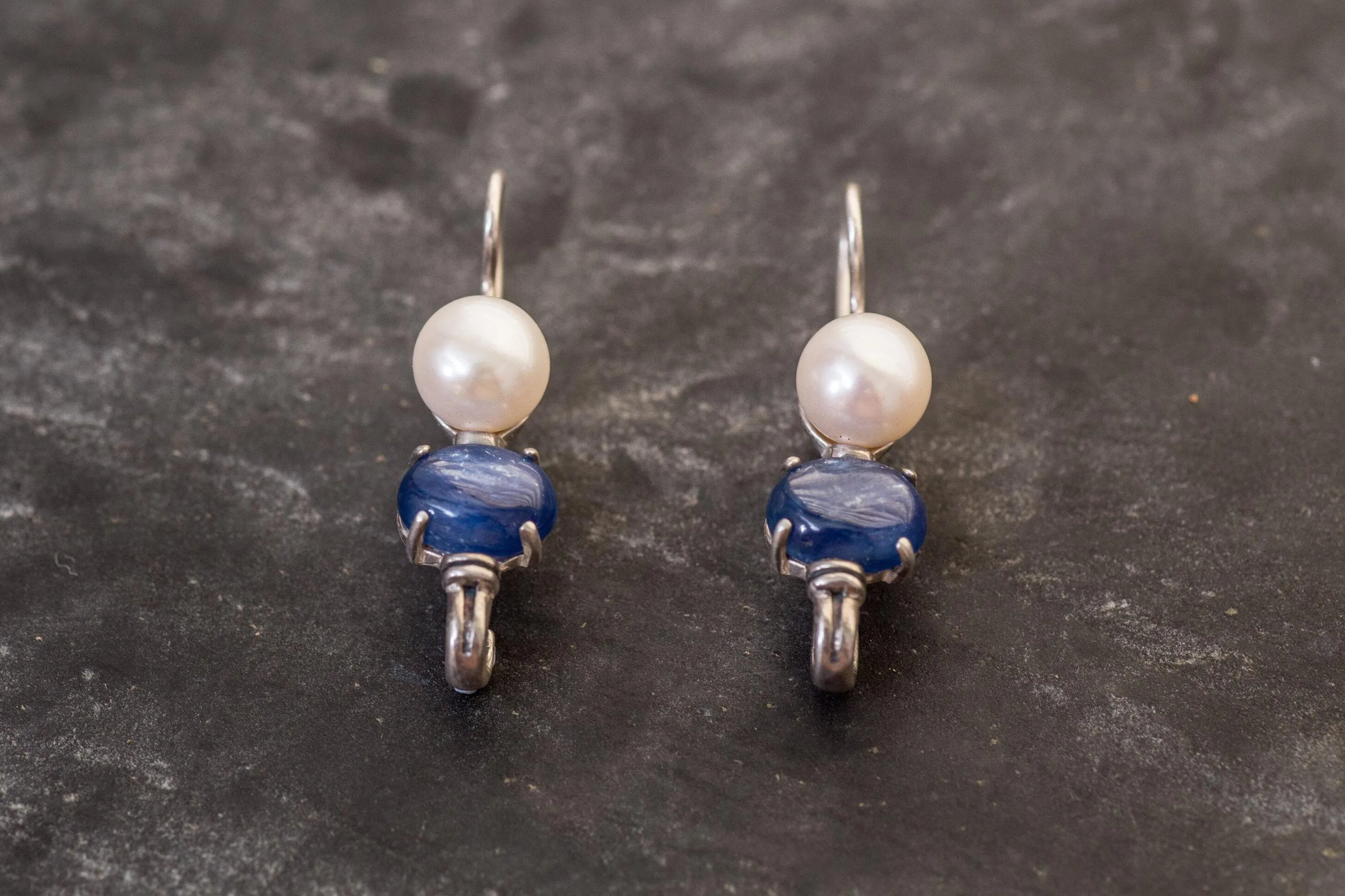 Long Pearl Earrings - Kyanite Earrings - Blue Vintage Earrings