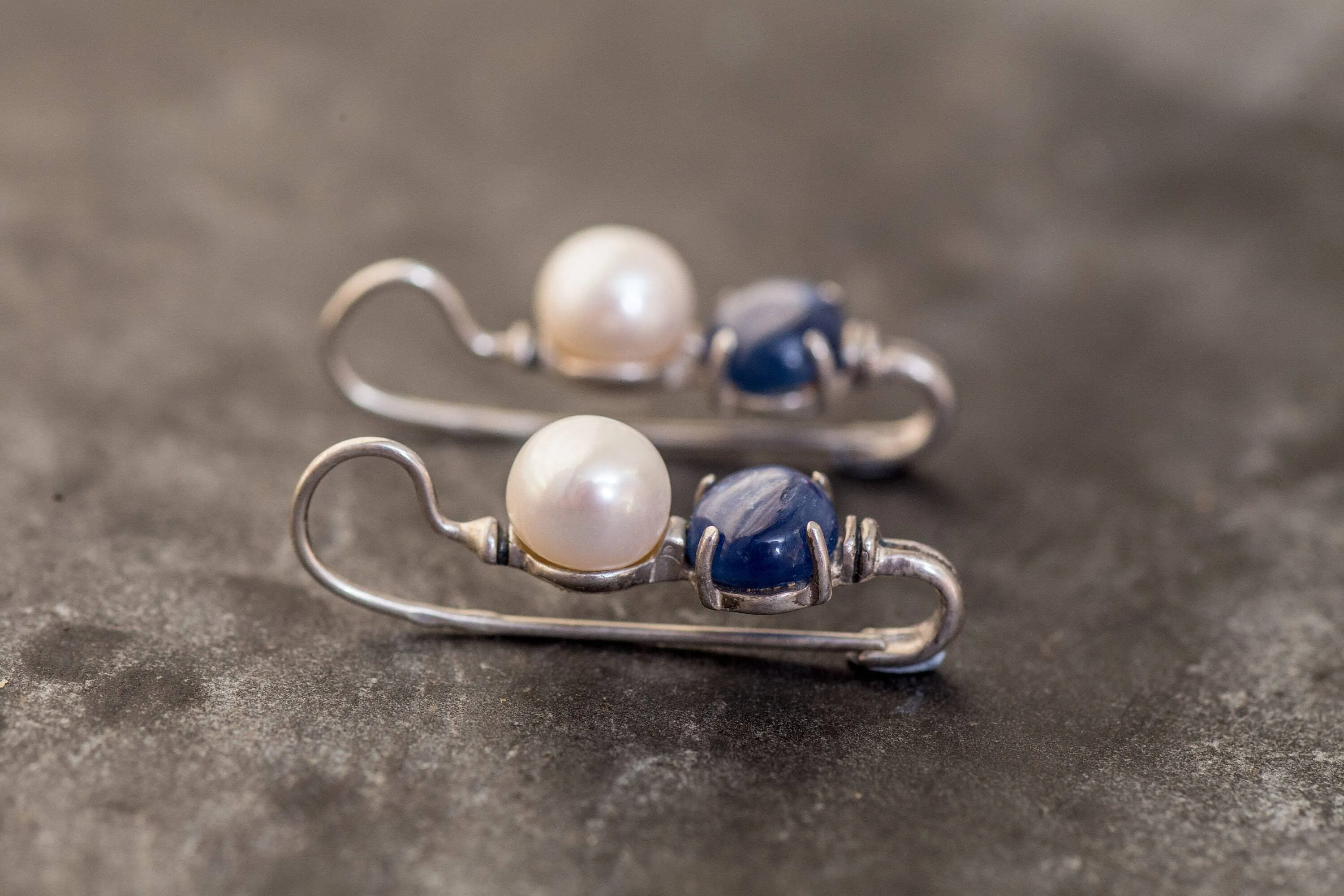 Long Pearl Earrings - Kyanite Earrings - Blue Vintage Earrings