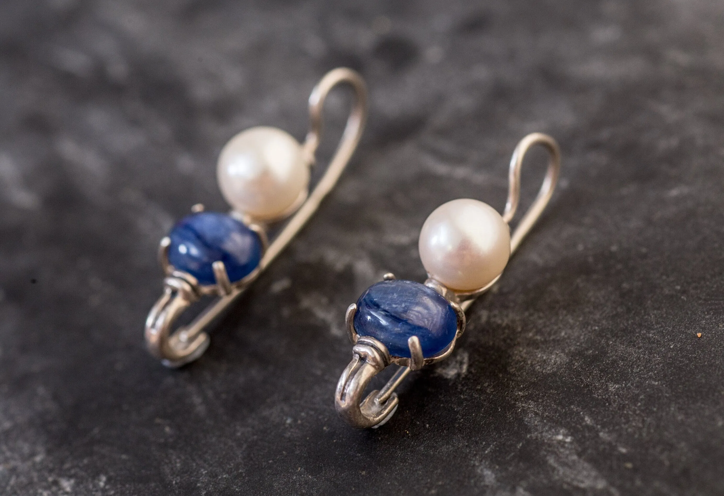 Long Pearl Earrings - Kyanite Earrings - Blue Vintage Earrings