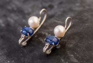 Long Pearl Earrings - Kyanite Earrings - Blue Vintage Earrings
