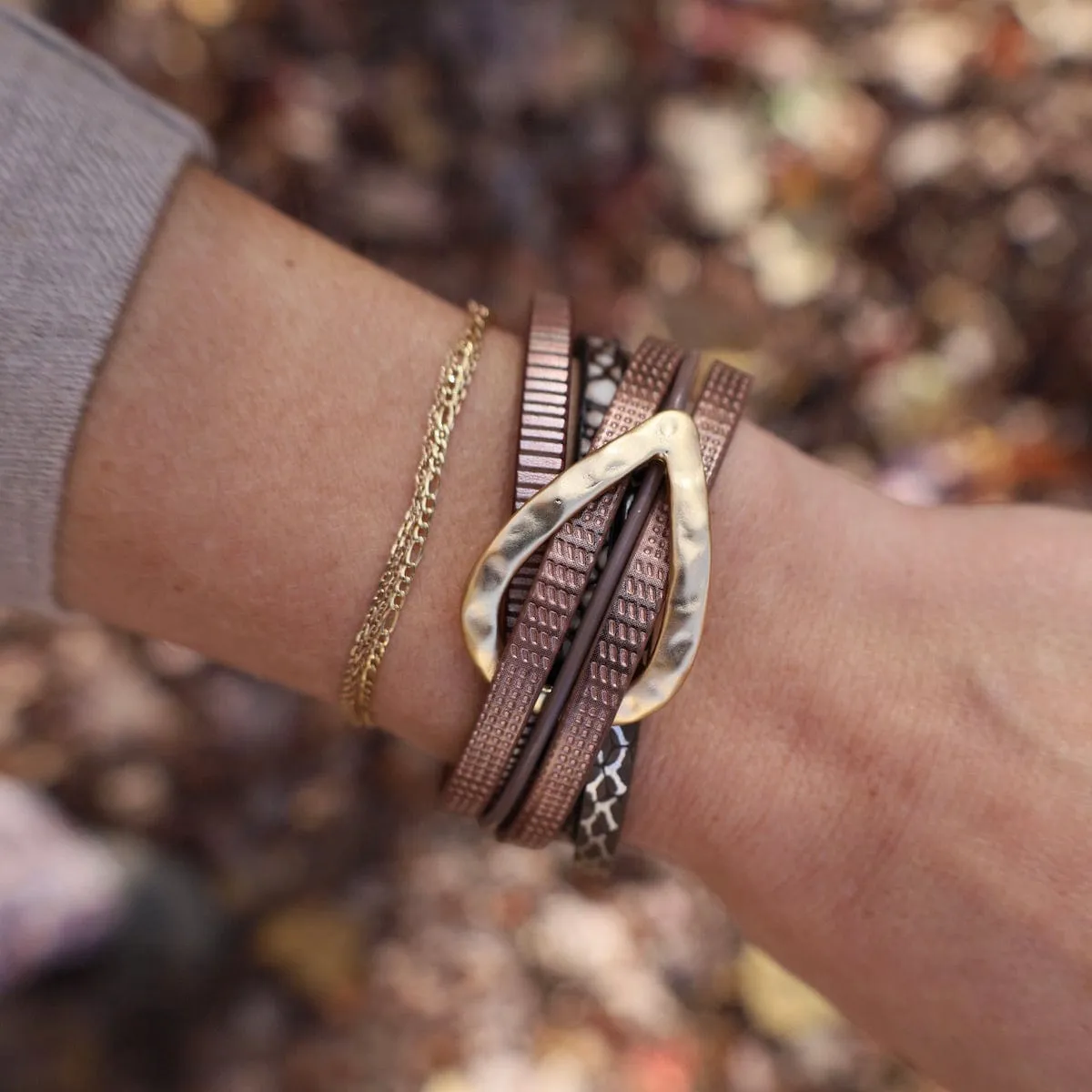 Matte Gold Teardrop Metallic Brown Bracelet
