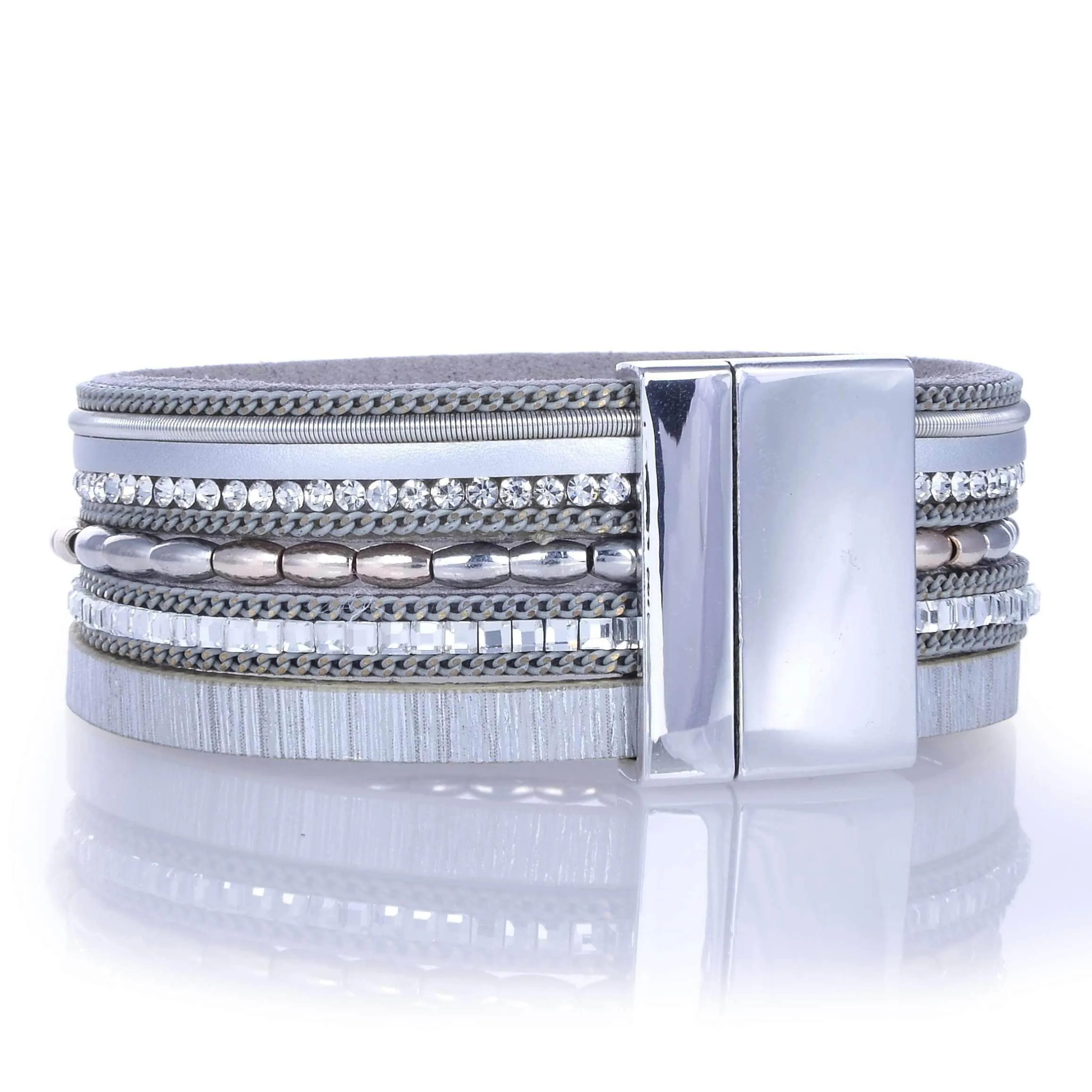 Multiple Layer Leather Strand Bracelet Silver With Magnetic Clasp
