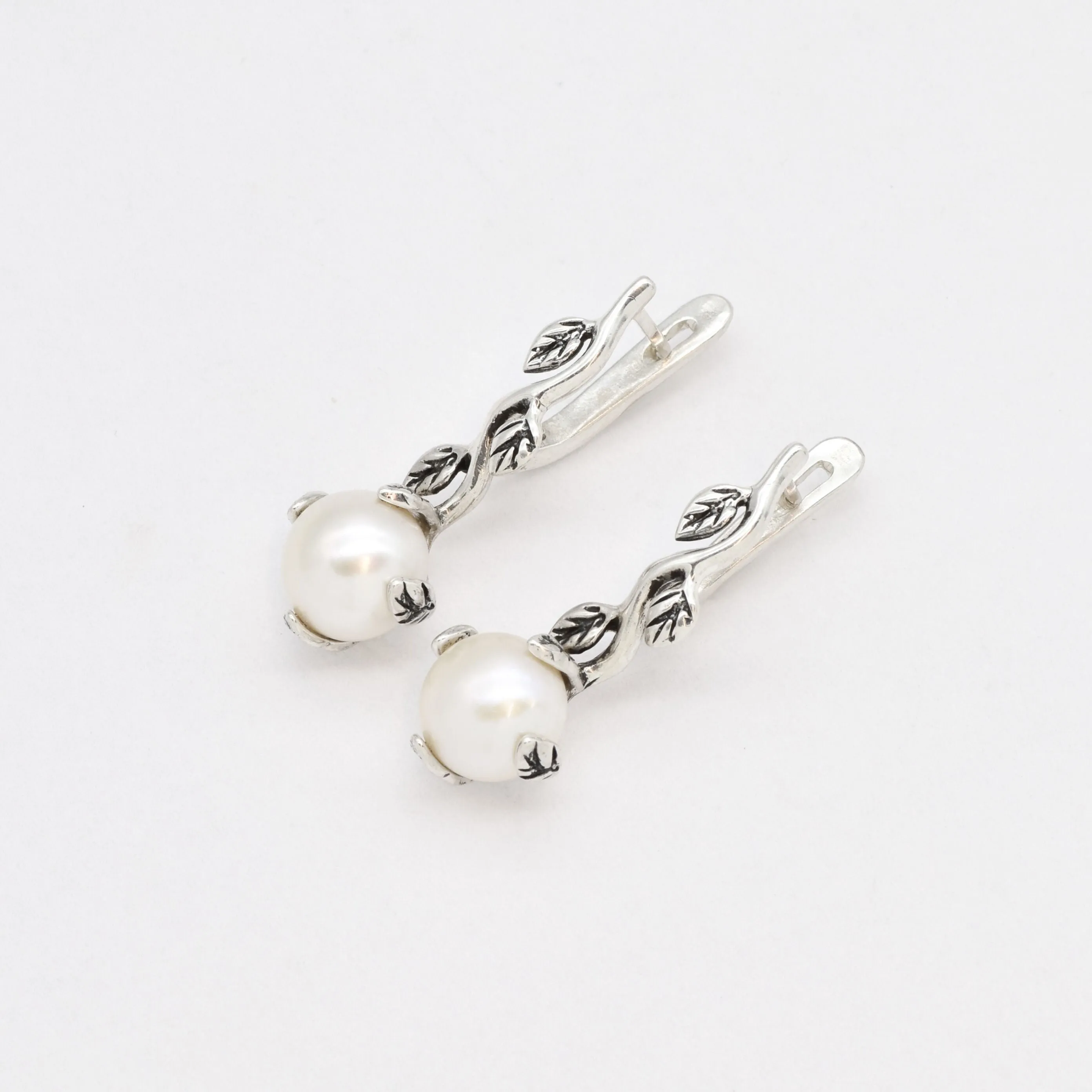 Natural Pearl Earrings - Long Leaf Earrings - White Bridal Earrings