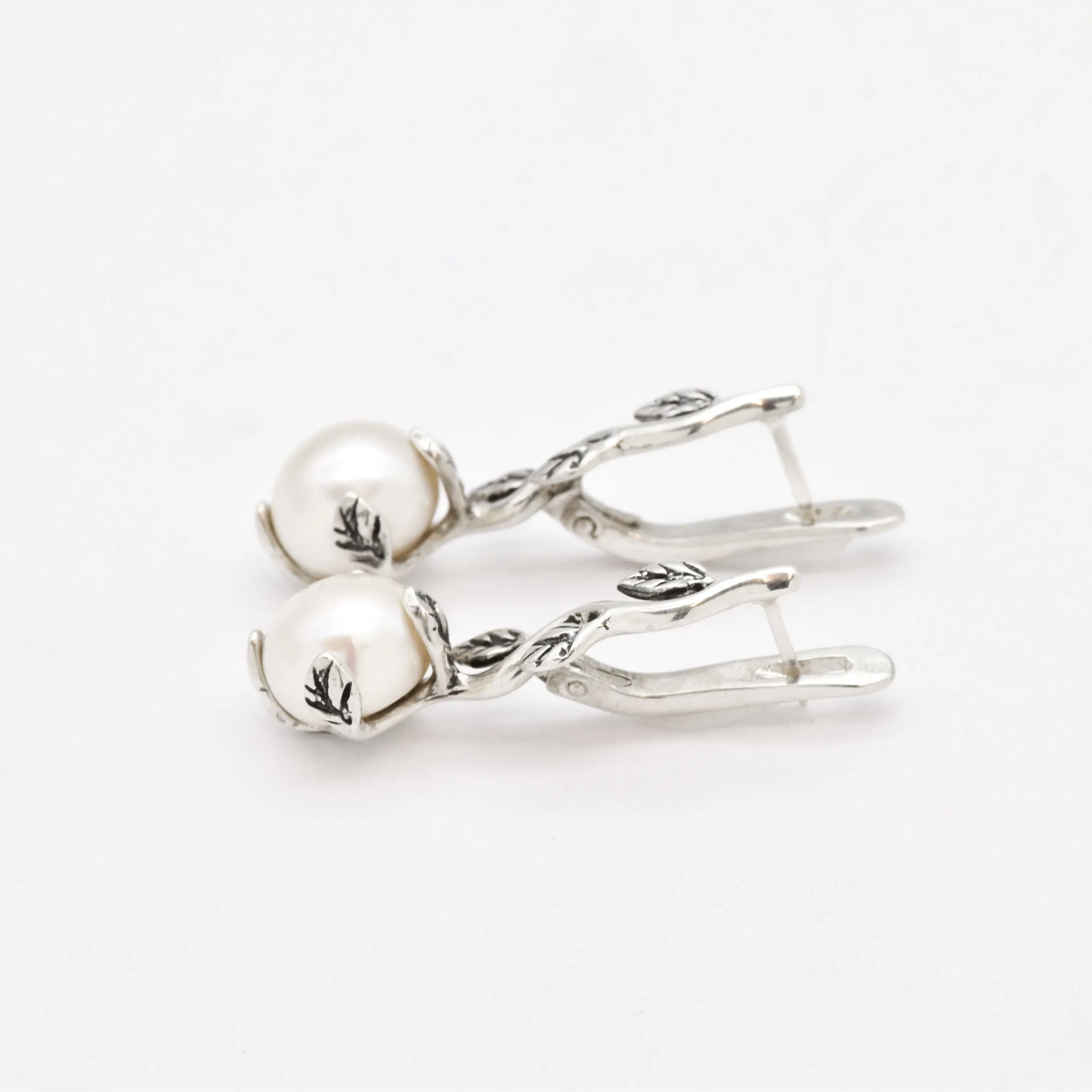 Natural Pearl Earrings - Long Leaf Earrings - White Bridal Earrings
