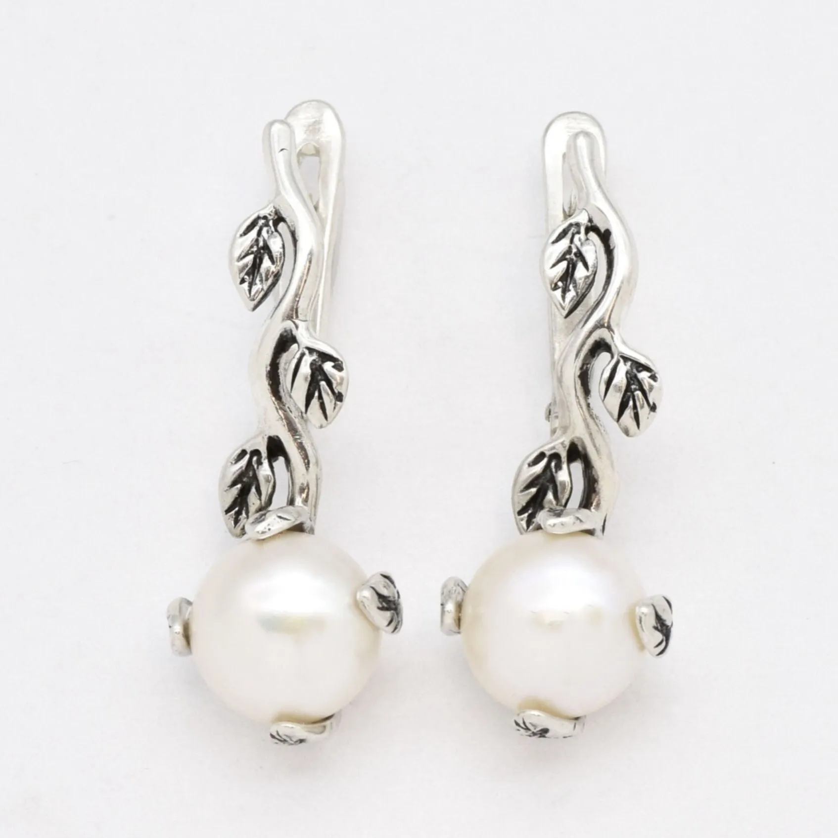 Natural Pearl Earrings - Long Leaf Earrings - White Bridal Earrings