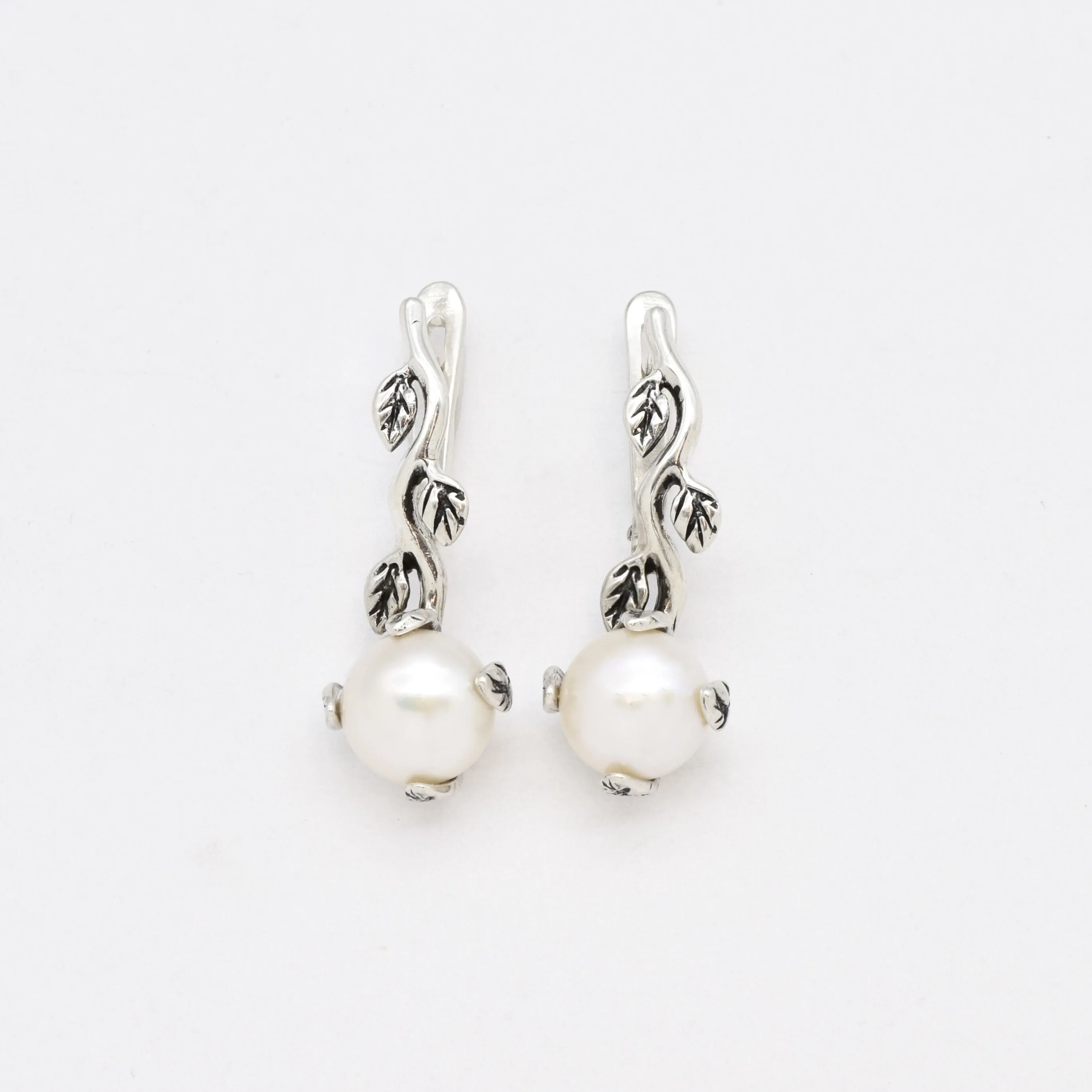Natural Pearl Earrings - Long Leaf Earrings - White Bridal Earrings