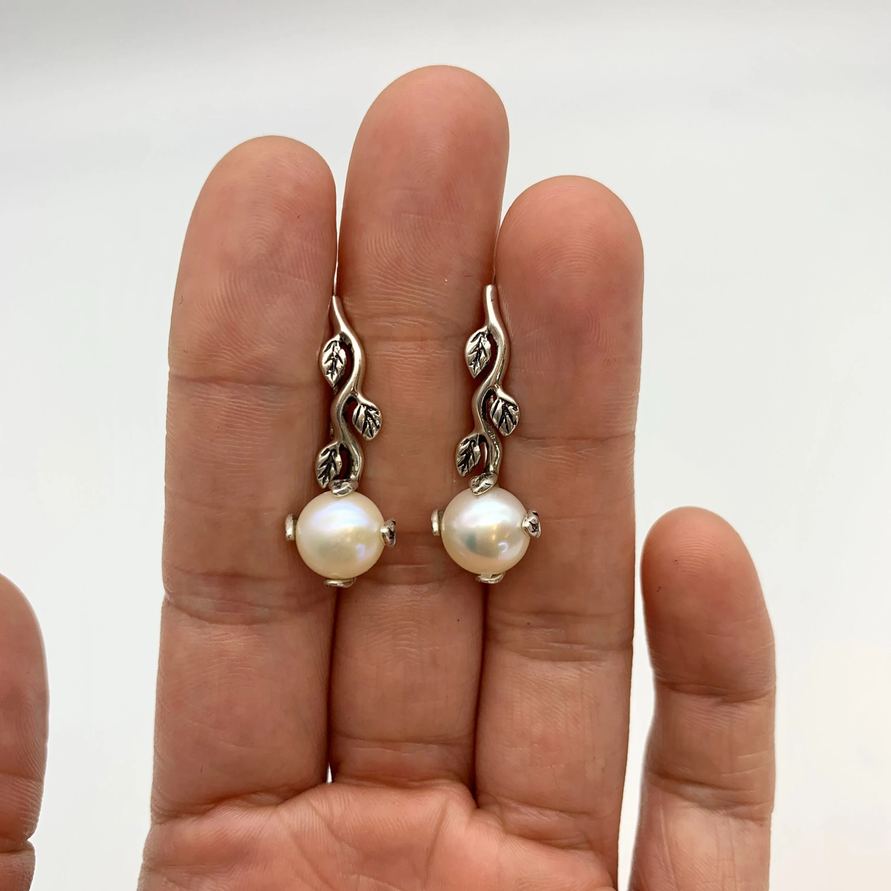 Natural Pearl Earrings - Long Leaf Earrings - White Bridal Earrings