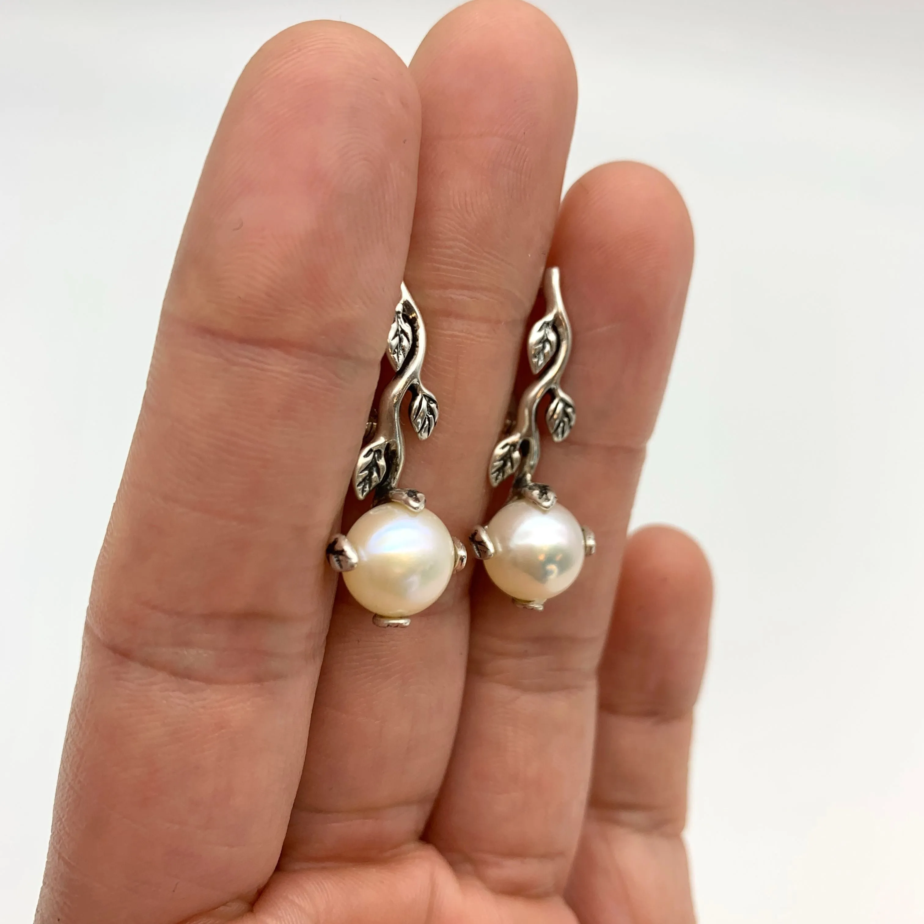 Natural Pearl Earrings - Long Leaf Earrings - White Bridal Earrings