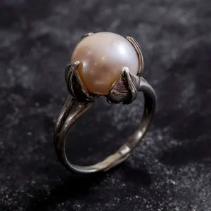 Natural Pearl Ring - White Bridal Ring - Vintage Leaf Ring