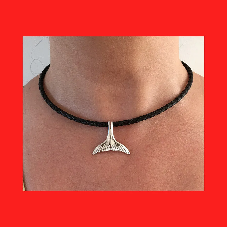 Necklaces; Whale Tail on Black Braided Leather Band