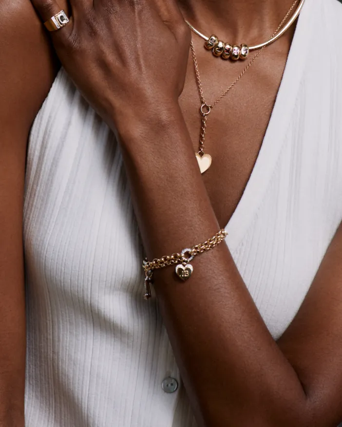 Numbers, Engravable & Pave Heart Festoon Chain Bracelet : in Yellow Gold with Diamonds