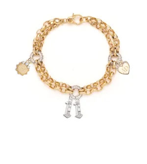 Numbers, Engravable & Pave Heart Festoon Chain Bracelet : in Yellow Gold with Diamonds