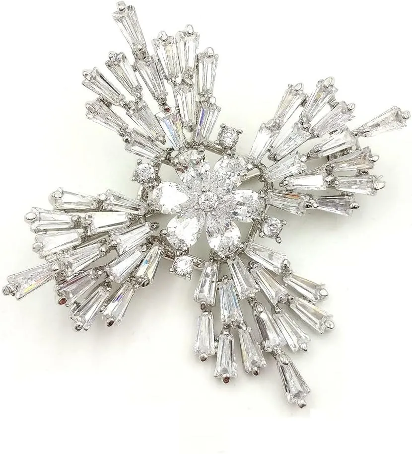 Old European Stylish Baguette Cut Stones Clear Cross Brooches Pins Silver Tone