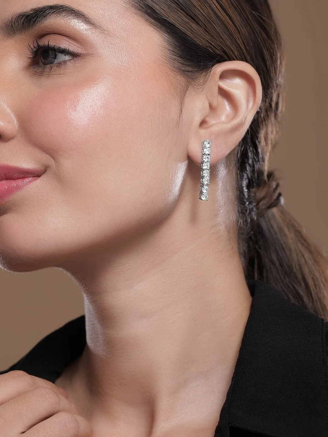 Rhodium-Plated Cubic Zirconia Studded Linear Earrings