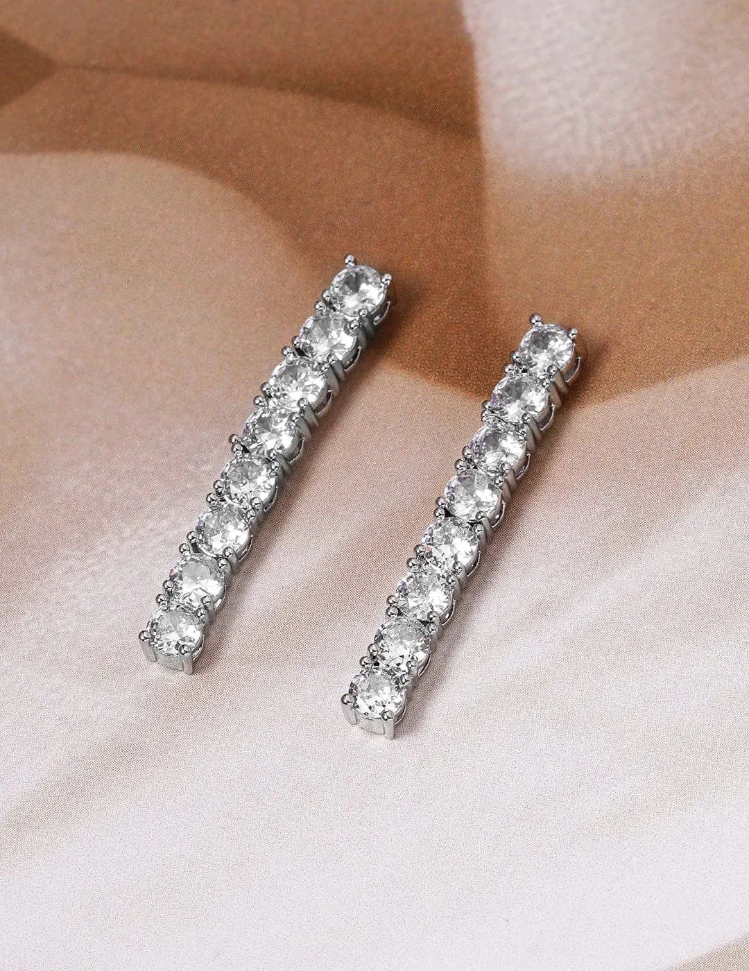 Rhodium-Plated Cubic Zirconia Studded Linear Earrings