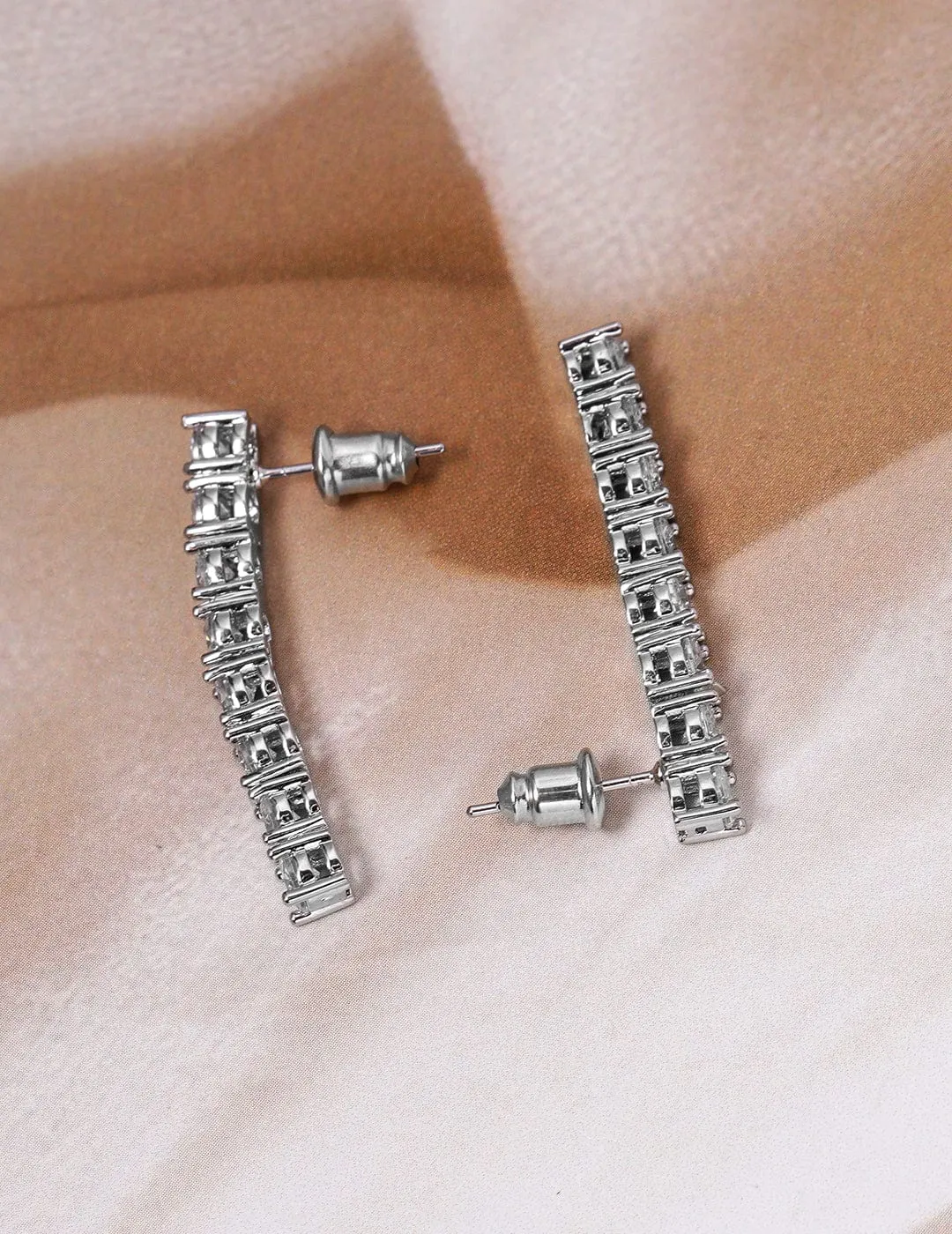 Rhodium-Plated Cubic Zirconia Studded Linear Earrings