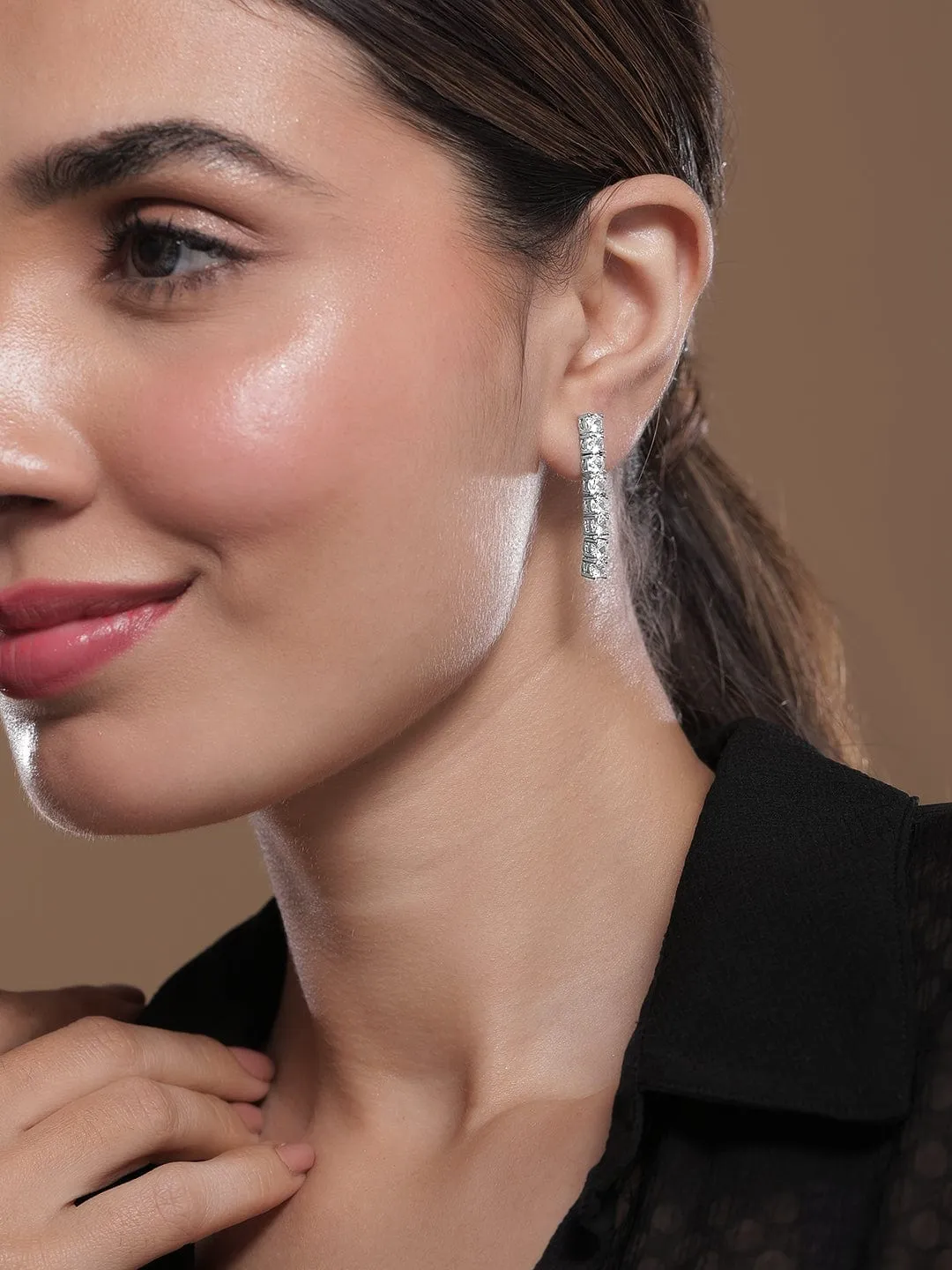 Rhodium-Plated Cubic Zirconia Studded Linear Earrings