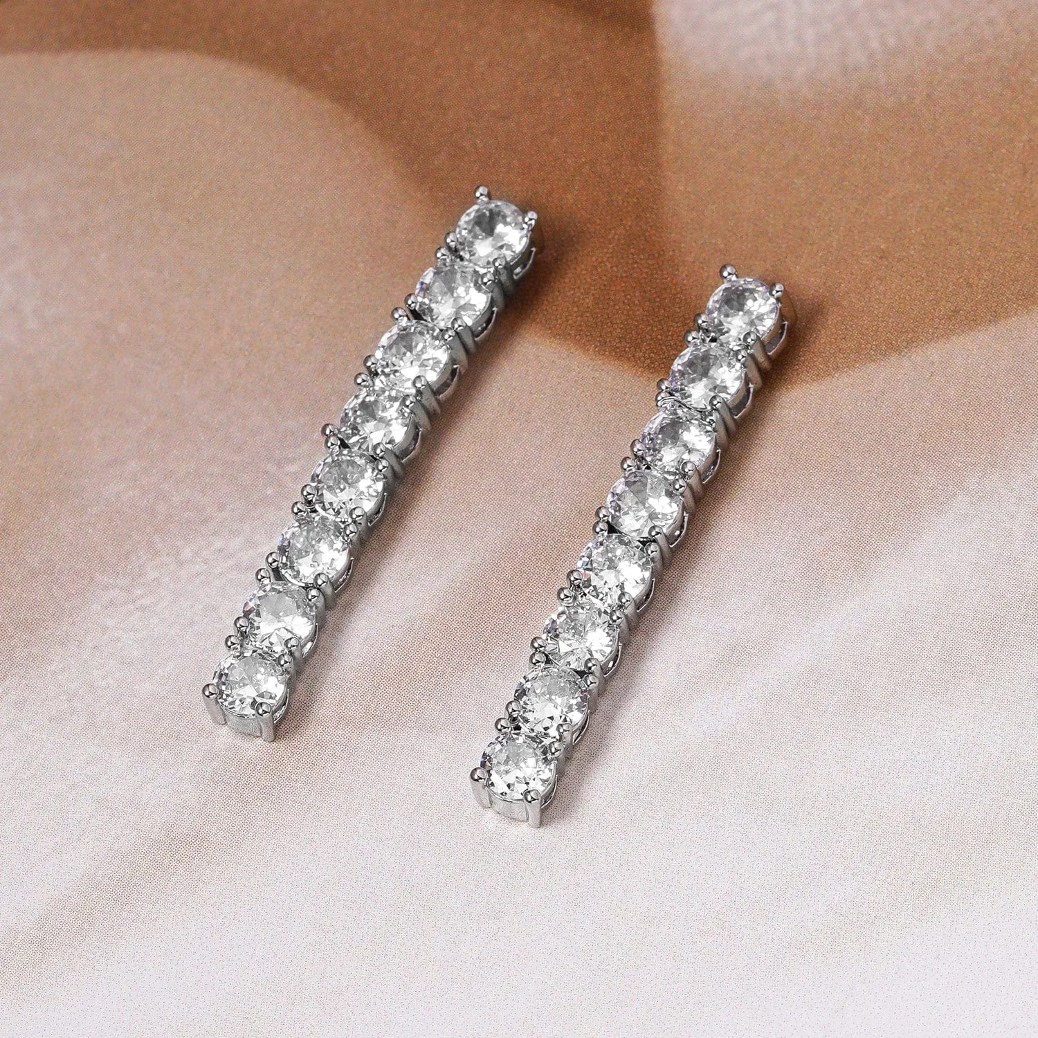 Rhodium-Plated Cubic Zirconia Studded Linear Earrings