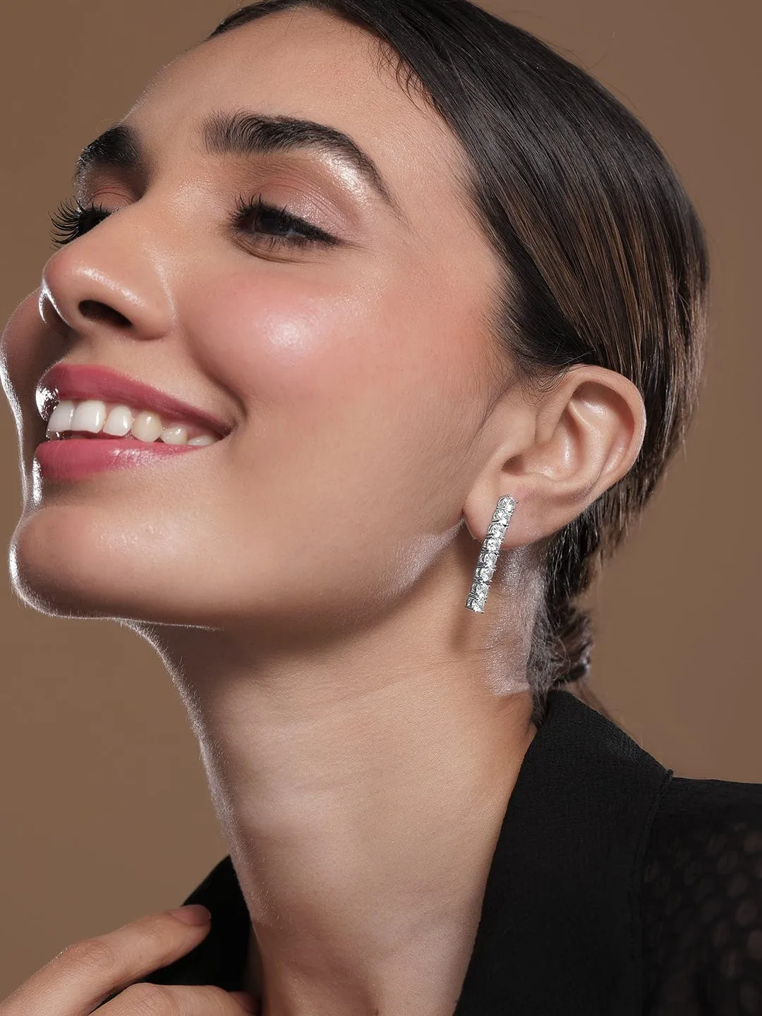 Rhodium-Plated Cubic Zirconia Studded Linear Earrings