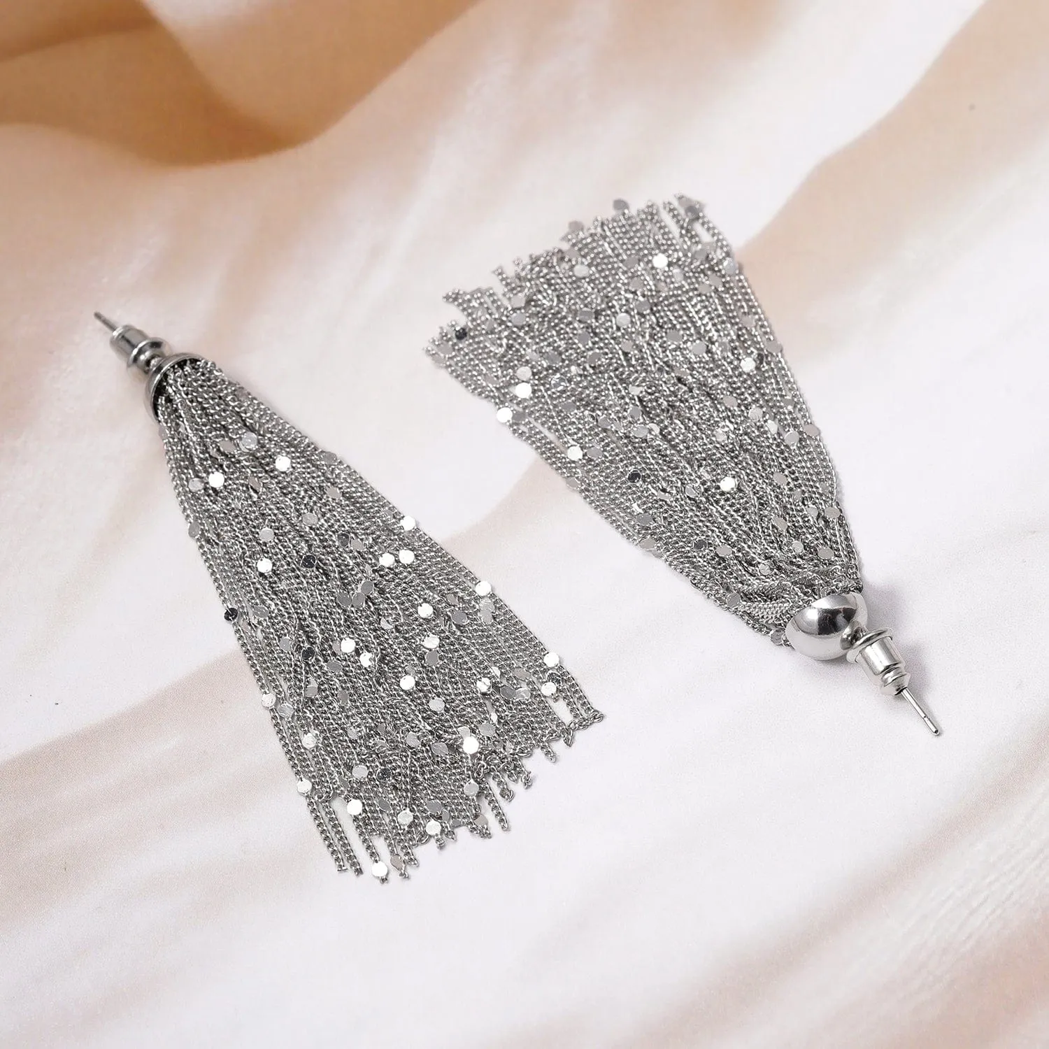 Rhodium-Plated Tassel Chain Statement Earrings