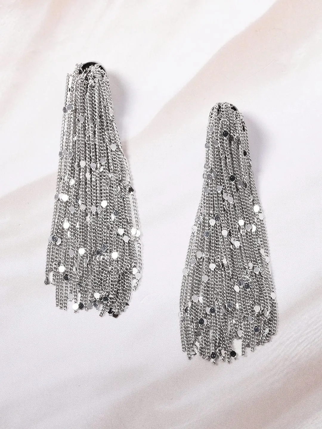 Rhodium-Plated Tassel Chain Statement Earrings