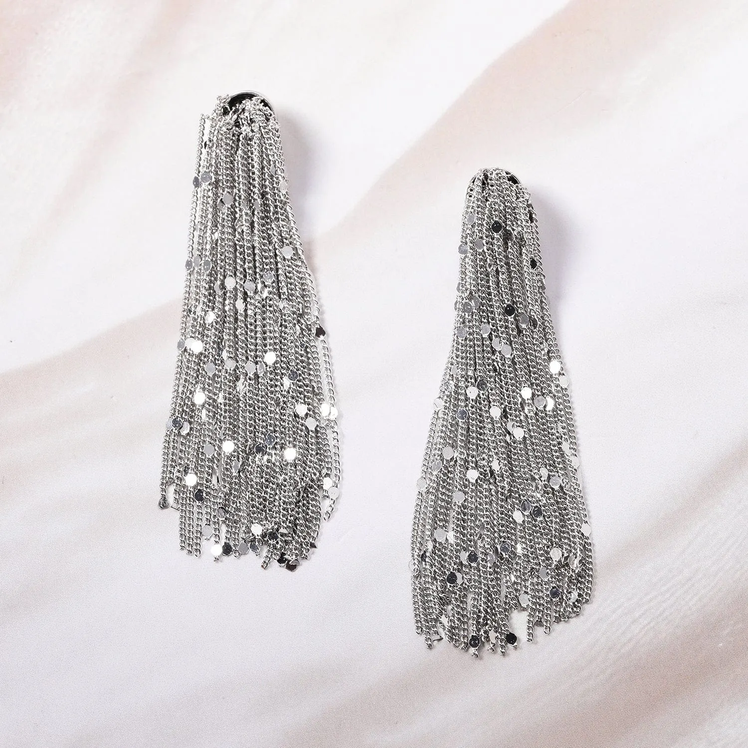 Rhodium-Plated Tassel Chain Statement Earrings