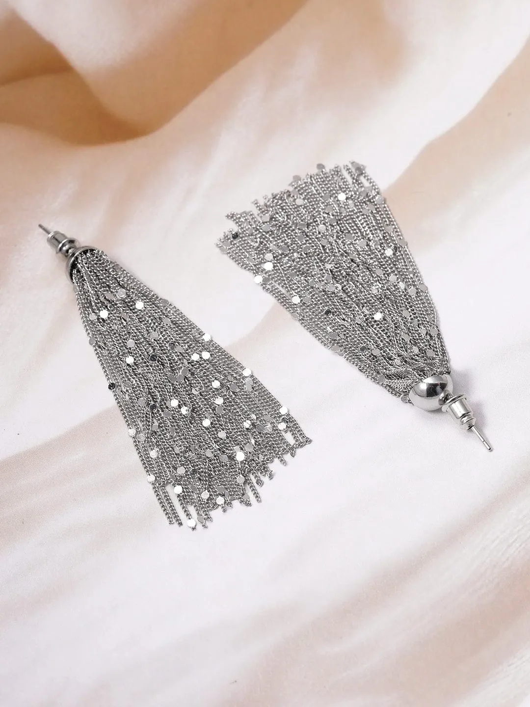 Rhodium-Plated Tassel Chain Statement Earrings